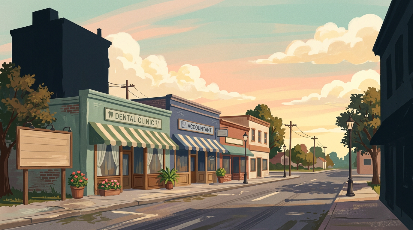 An illustrated main street at dusk with a dental clinic and an accountant's office